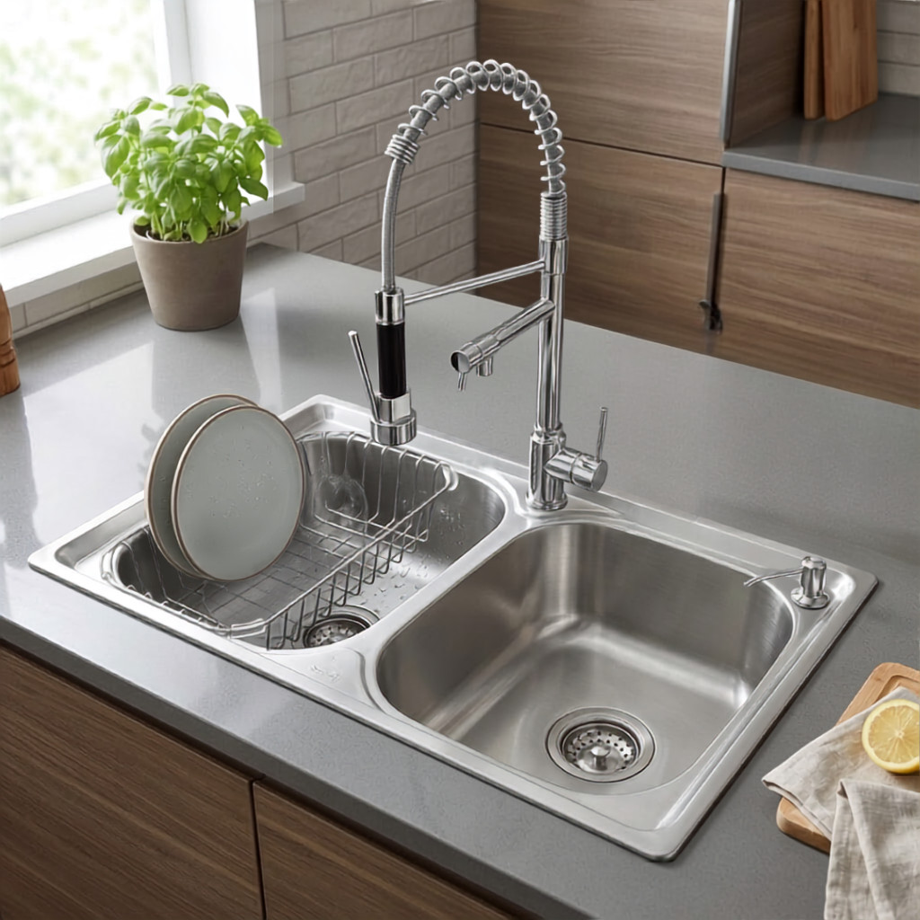 Kit Cuba Dupla Gourmet Cozinha Aço Inox 78x43 e Torneira Monocomando Luxo Completo