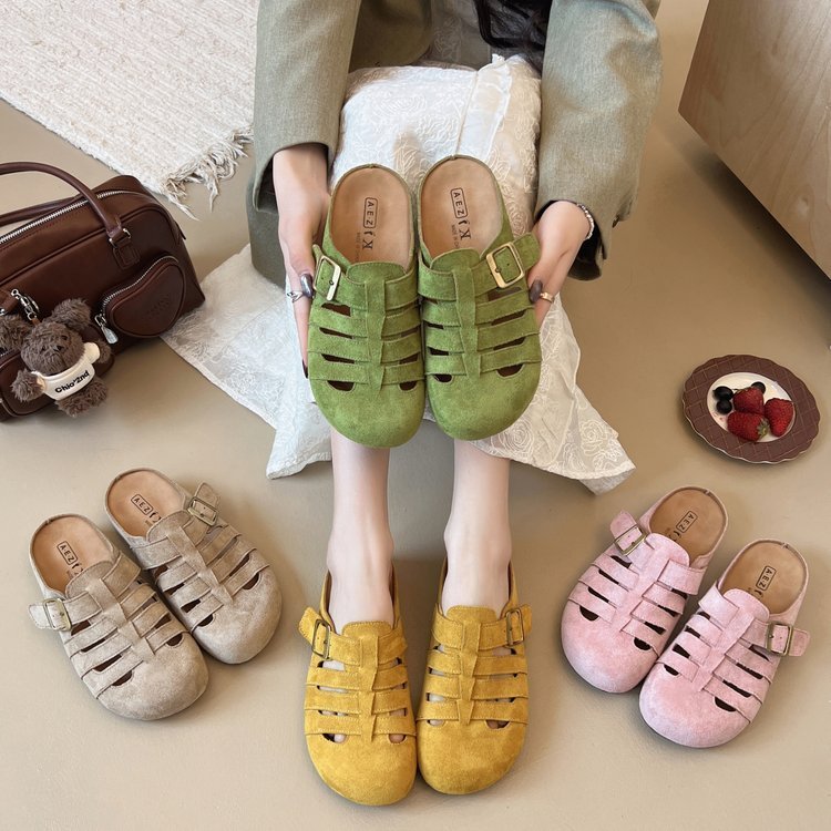 Chinelos femininos Baotou Muller, sapatos Boken planos, sapatos baixos