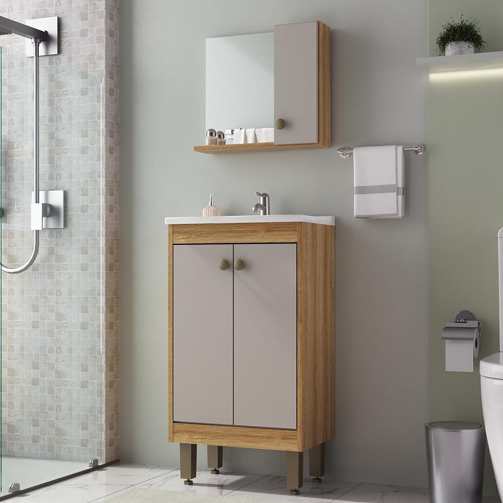 Conjunto Gabinete Banheiro Lima 45cm com Cuba + Espelheira, 3 Portas C00450 Cor Lâmina Mel/Fumê - OZINI Móveis — imagem 2 de 2