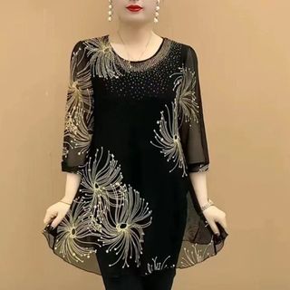 Verão novo em torno do pescoço strass all-match moda camisa de renda topo feminino moda mangas três quartos verão novo e