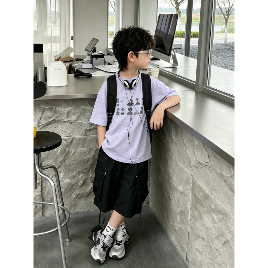 Meninos listrado camiseta verão legal médio grande crianças impresso cabeça grande adesivos meninos Street Wear de manga