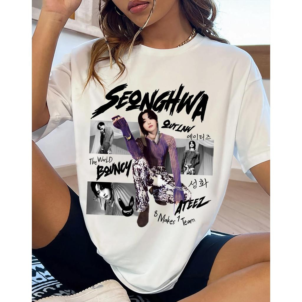 [Camiseta Premium em Algodão Puro]SISI 2026 Camiseta Masculina Feminina Estampa Seonghwa Ateez Retro Collage Branca Kpop