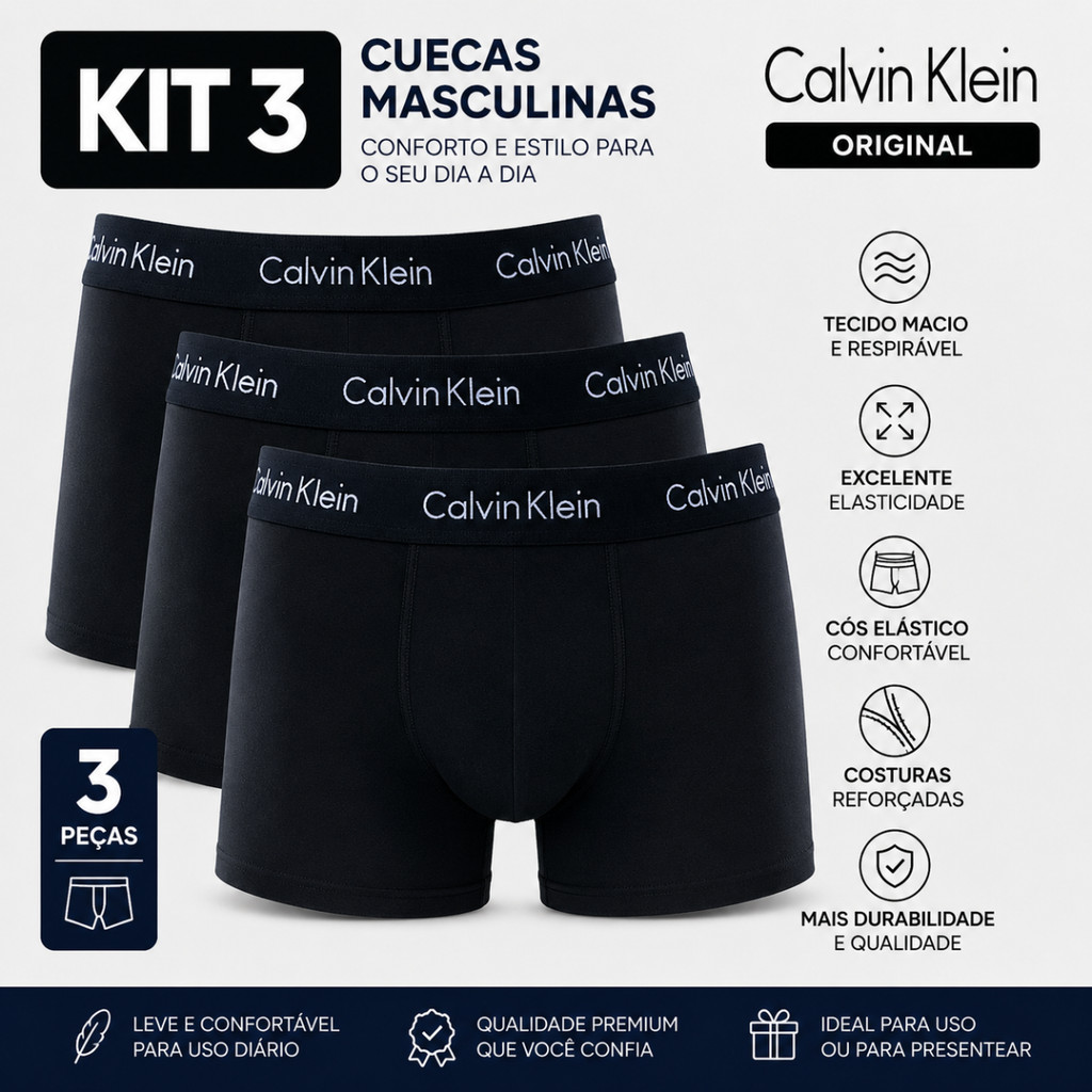 Kit 3 Cuecas Masculinas Calvin Klein Boxer Algodão Confortável Original