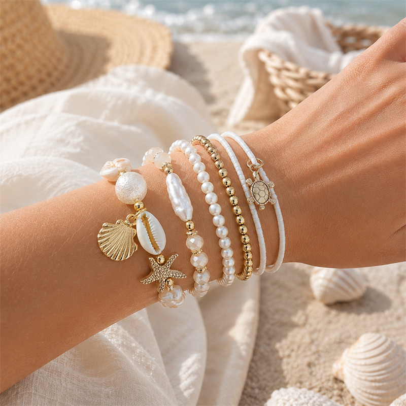 Kit 7 Pulseiras Femininas Praia Boho com Concha Pérola e Tartaruga Dourado