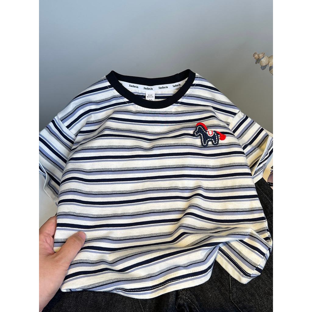 Meninos listrado camiseta de manga curta verão fino puro algodão crianças respirável topo bebê verão bonito moda t @-