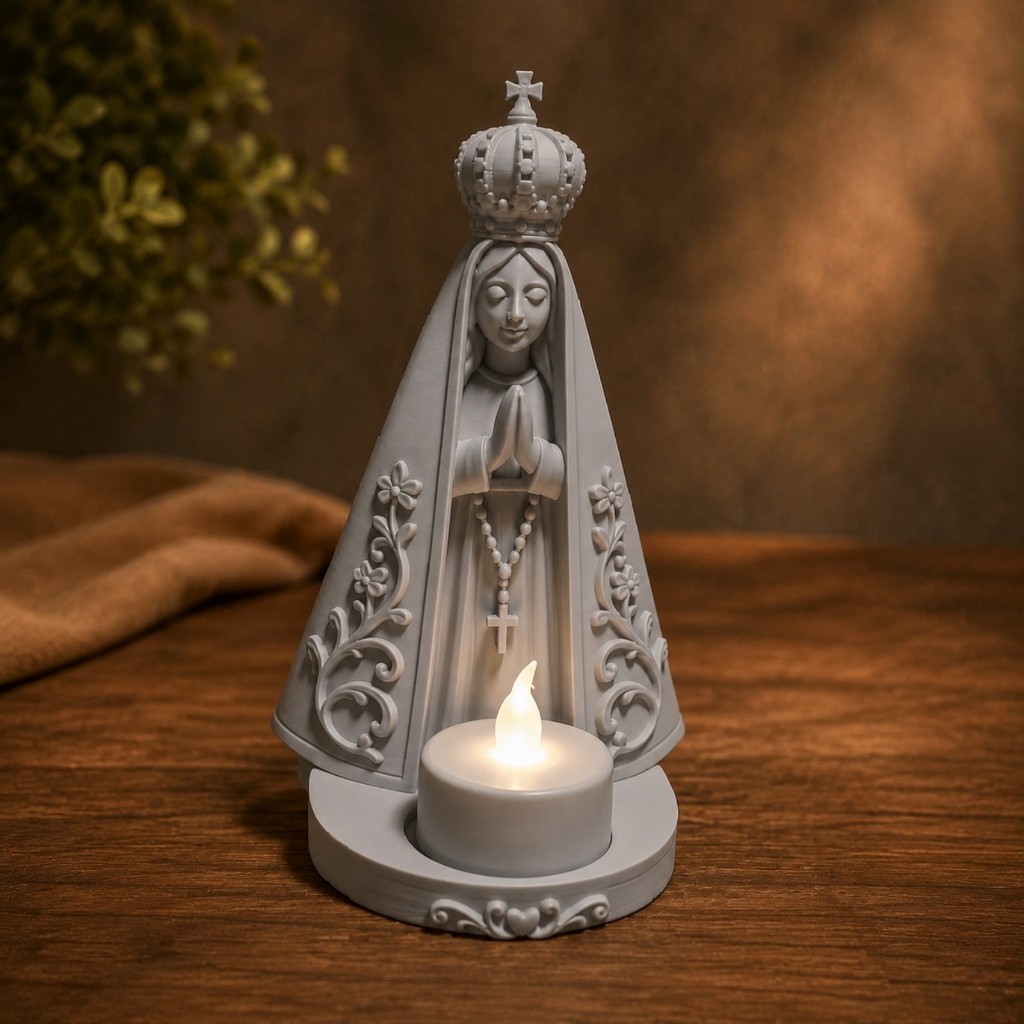 Nossa Senhora Aparecida com Vela LED Imagem Religiosa Decorativa 16cm Impressão 3D