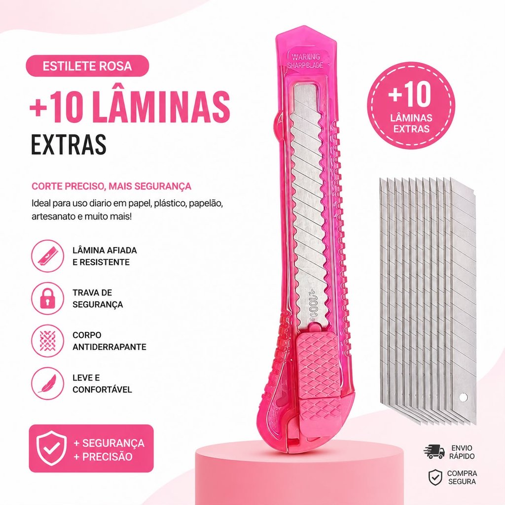 Kit Estilete Acrílico Rosa + 10 Lâminas Refil para Artesanato e Cortes – EST87