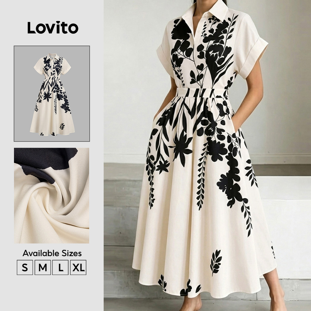 (New Arrival) Lovito Vestido Feminino Casual Floral Com Botões Longo Para Primavera/Verão Férias E Fim De Semana Preto E Branco DRB38BR140