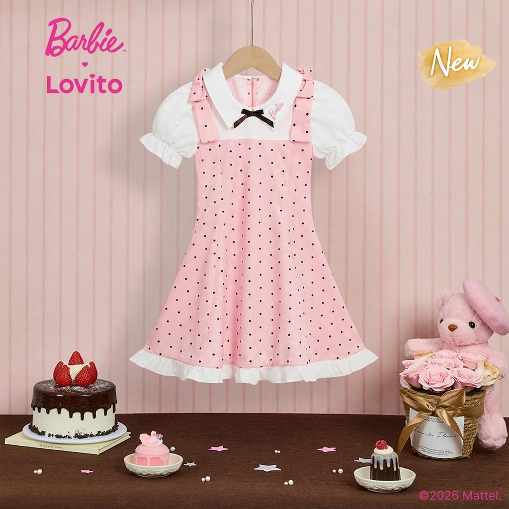 (New Arrival) Barbie™ X Lovito Infantil Vestido Midi Rosa Poá Bordado Simulação Duas Peças Férias Primavera Verão Casual Para Meninas DRBL6PAD029