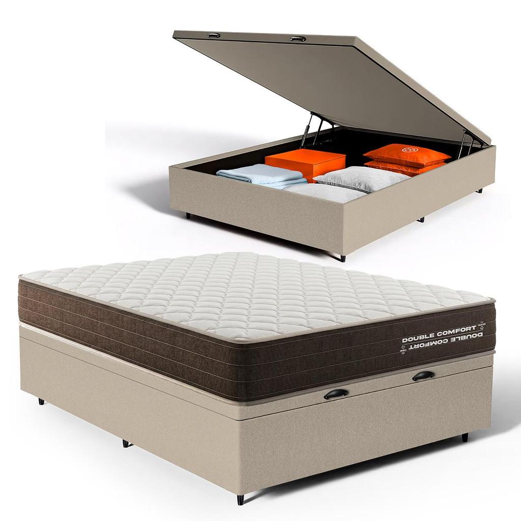 Cama Box Baú Casal com Colchão de Espuma D33 Double Comfort 138x188x62cm