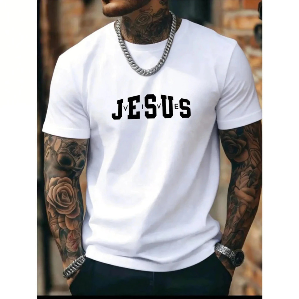 Camiseta Masculina JESUS VIVE Estilo Streetwear Cristão, Algodão Confortável Premium Alta Qualidade