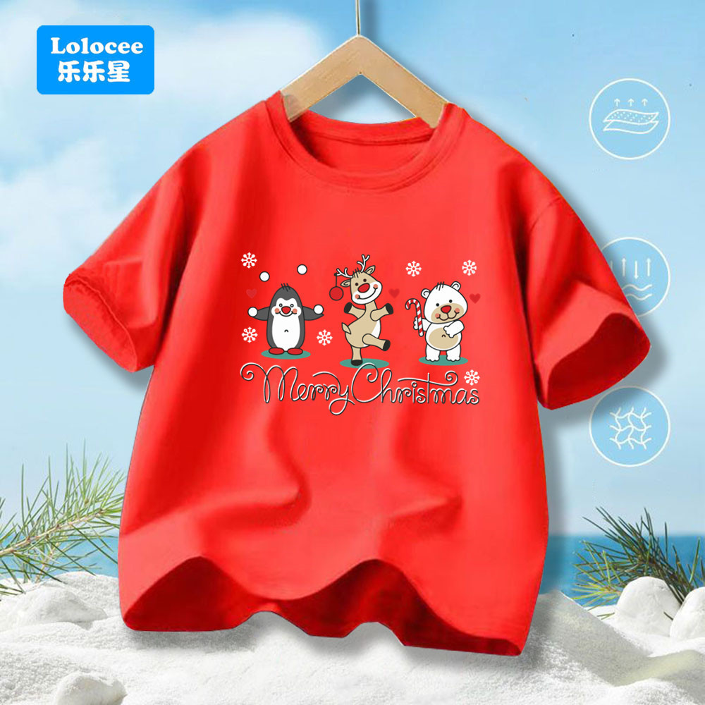 Feliz Natal Animal Impressão Crianças Camiseta Moda Festa De Férias Menino Menina Manga Curta Topos Camisetas Presente D