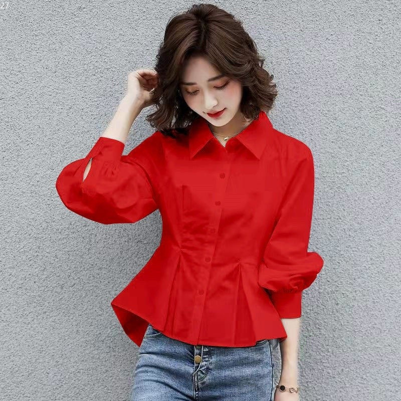 Camisa de manga comprida, camisa vermelha feminina elegante e simples, estilo coreano, blusa plus size para escritório, 