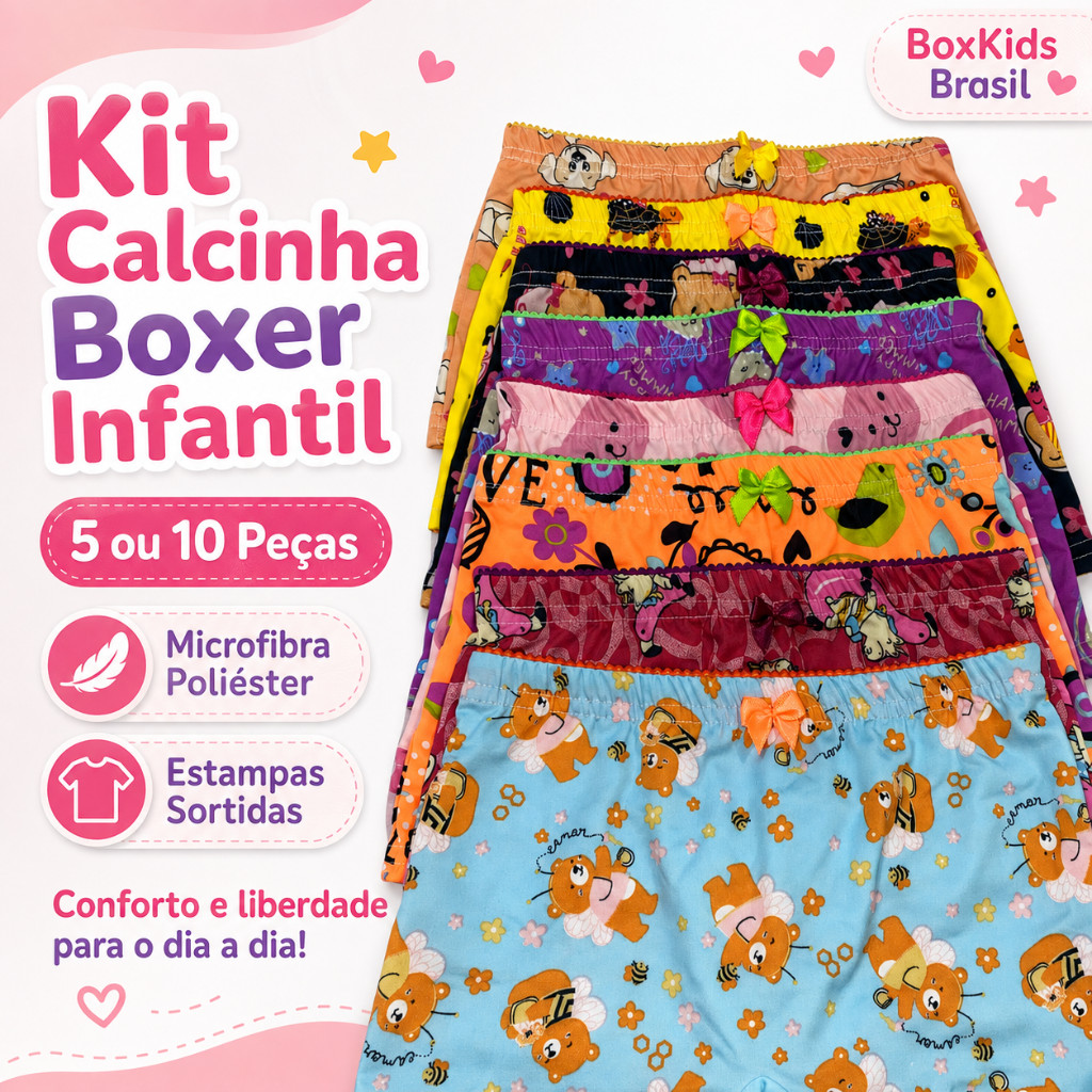 Kit Calcinha Boxer Infantil 5 ou 10 Peças Microfibra Poliéster Estampas Sortidas Menina