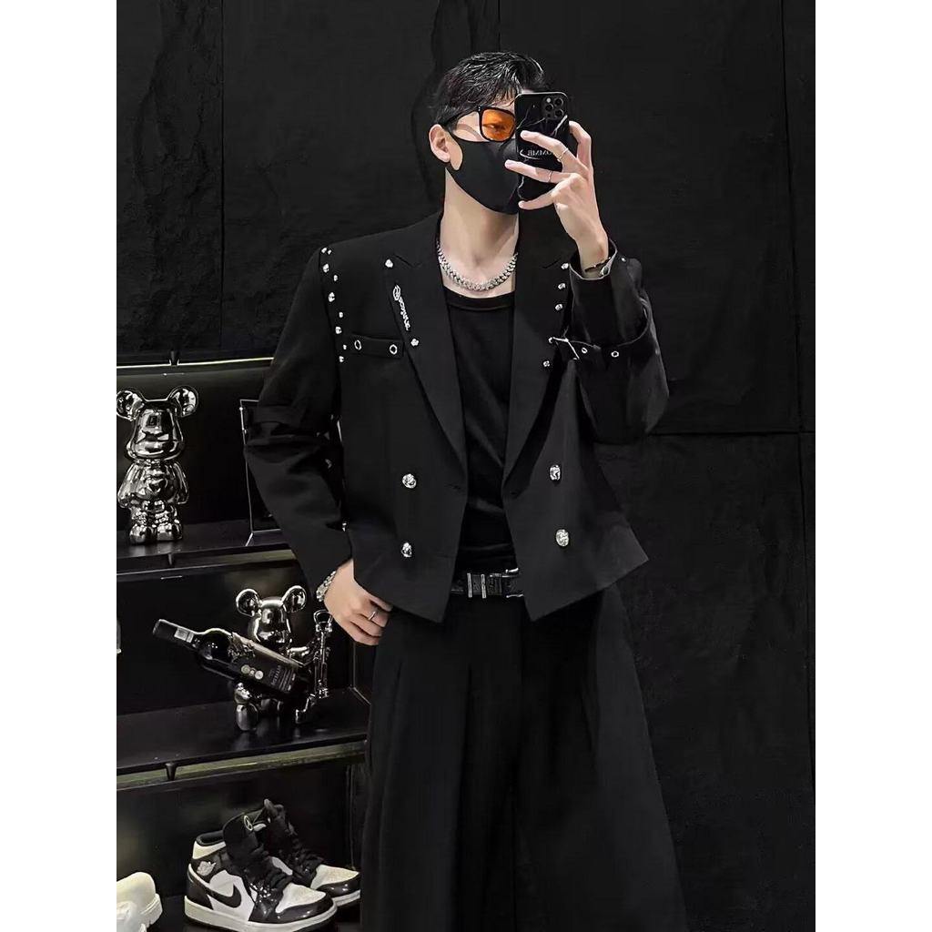 High-End rebite Design curto pequeno terno masculino primavera outono nicho duplo Breasted rendas Casual terno jaqueta