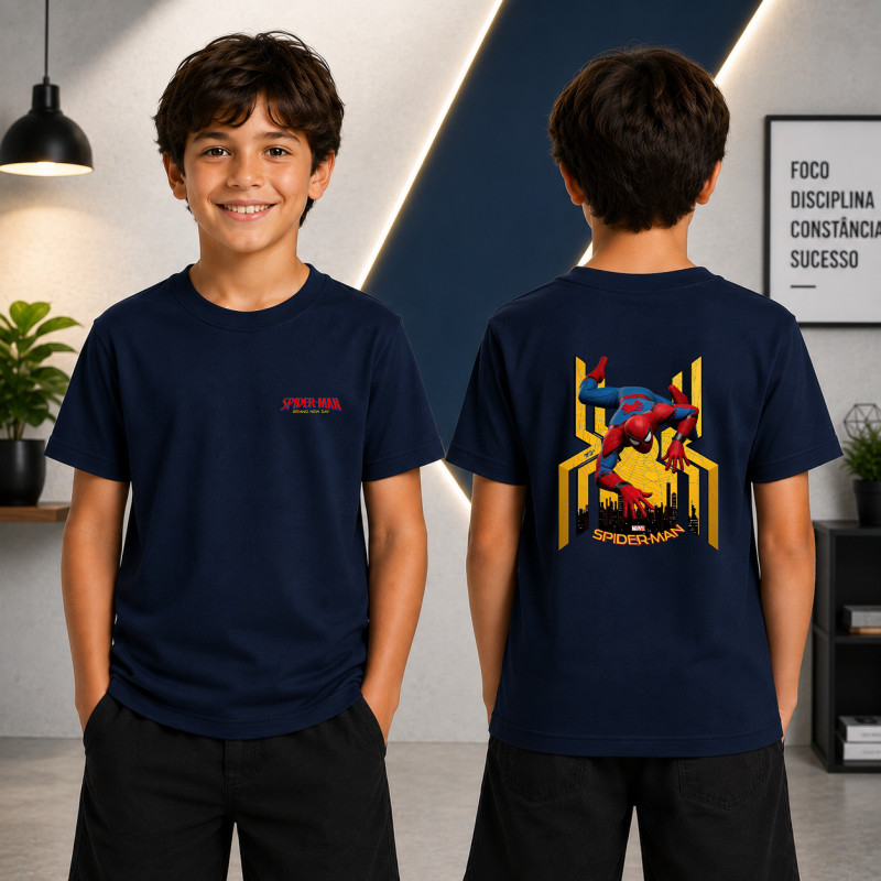 Camiseta Infantil Juvenil Aranha Estampada Frente e Costas, Blusa Personagem Homen Aranha, Camisa Masculina Herói Aranha