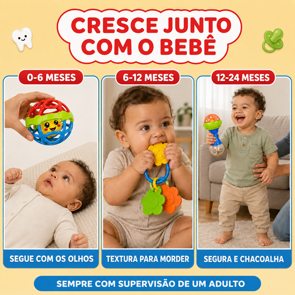 Kit Brinquedo Sensorial e Mordedor Bebê Chocalho Silicone Macio Sem BPA Estimulação Cognitiva MotoraKizumba — imagem 2 de 2