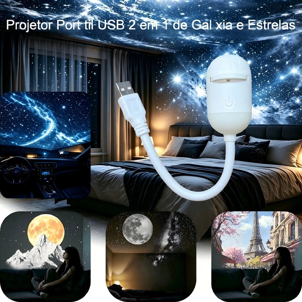 Mini Projetor de Galáxia e Luz Noturna USB 2 em 1 com 8 Discos Céu Estrelado Para Quarto e Carro