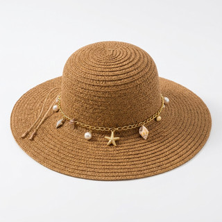 Chapéu de Praia Palha Duna Feminino Aba Larga Com Conchas Pérolas Tendência Verão