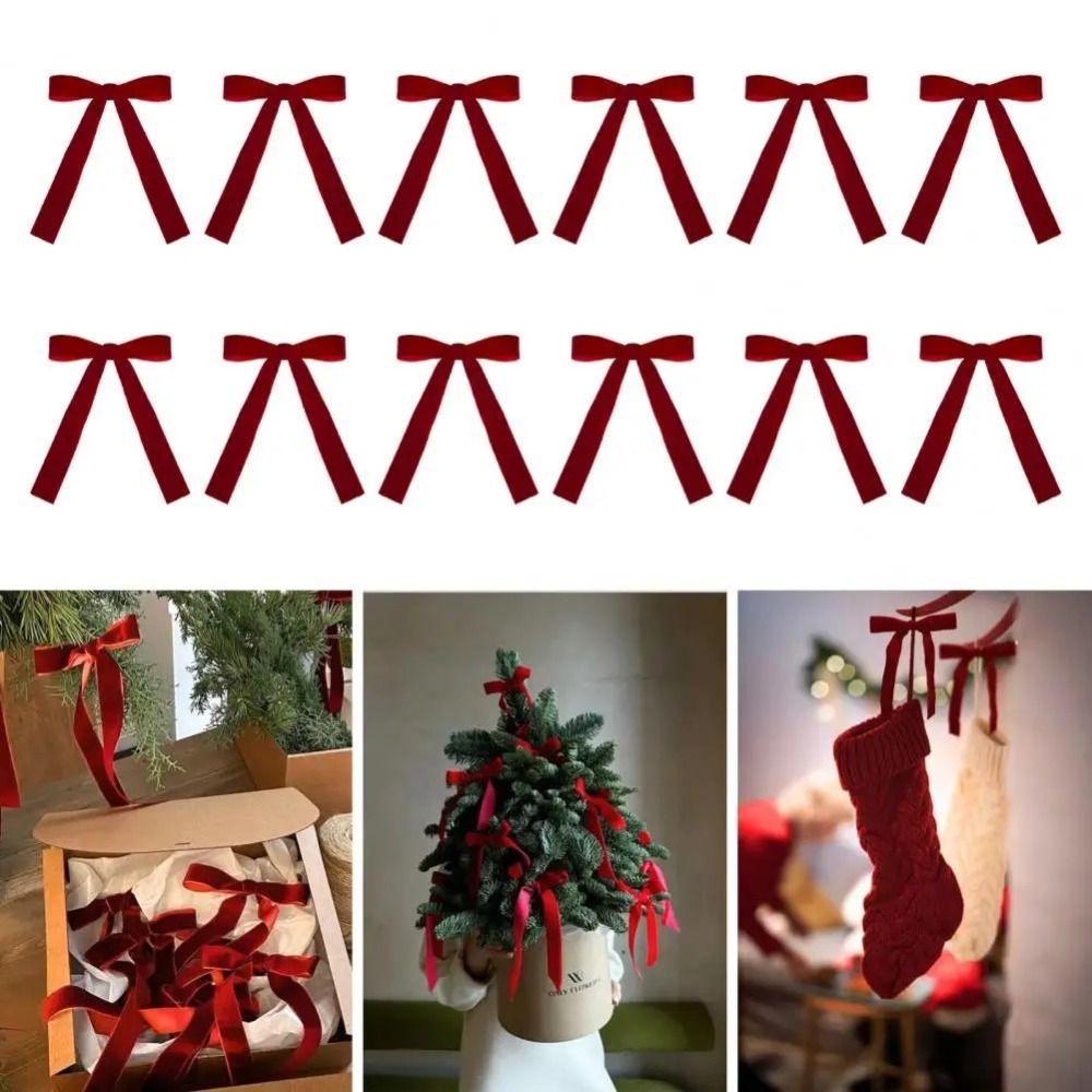 12 Laços De Árvore De Natal , Laço De Fita De Veludo Vintage Guirlanda De Elegância De Uso Vermelho
