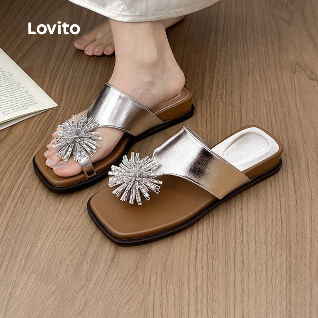 Lovito Sandálias Rasteiras Casuais Estilo Coreano Com Design De Strass Prateadas Perfeitas Para O Dia a Dia FB121FSFX044