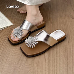 Lovito Sandálias Rasteiras Casuais Estilo Coreano Com Design De Strass Prateadas Perfeitas Para O Dia a Dia FB121FSFX044