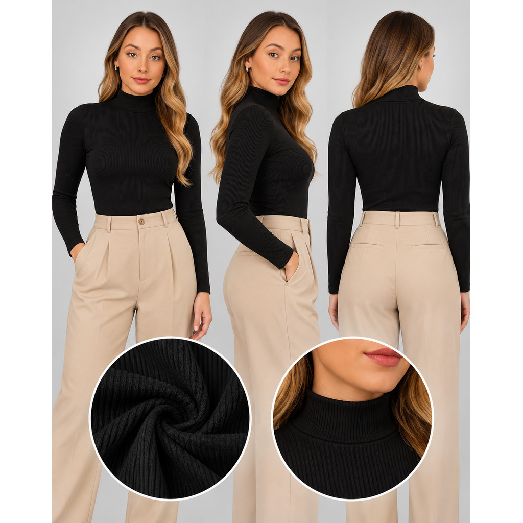 Blusa Feminina Manga Longa Cacharrel Confortável Básico Gola Alta Canelado  segunda pele