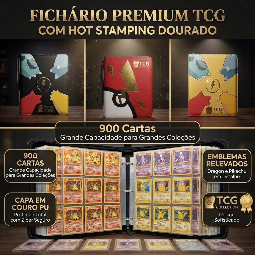 Fichário Premium Pokémon TCG 900 Cartas 50 Páginas 3x3 Dupla Face Colecionador