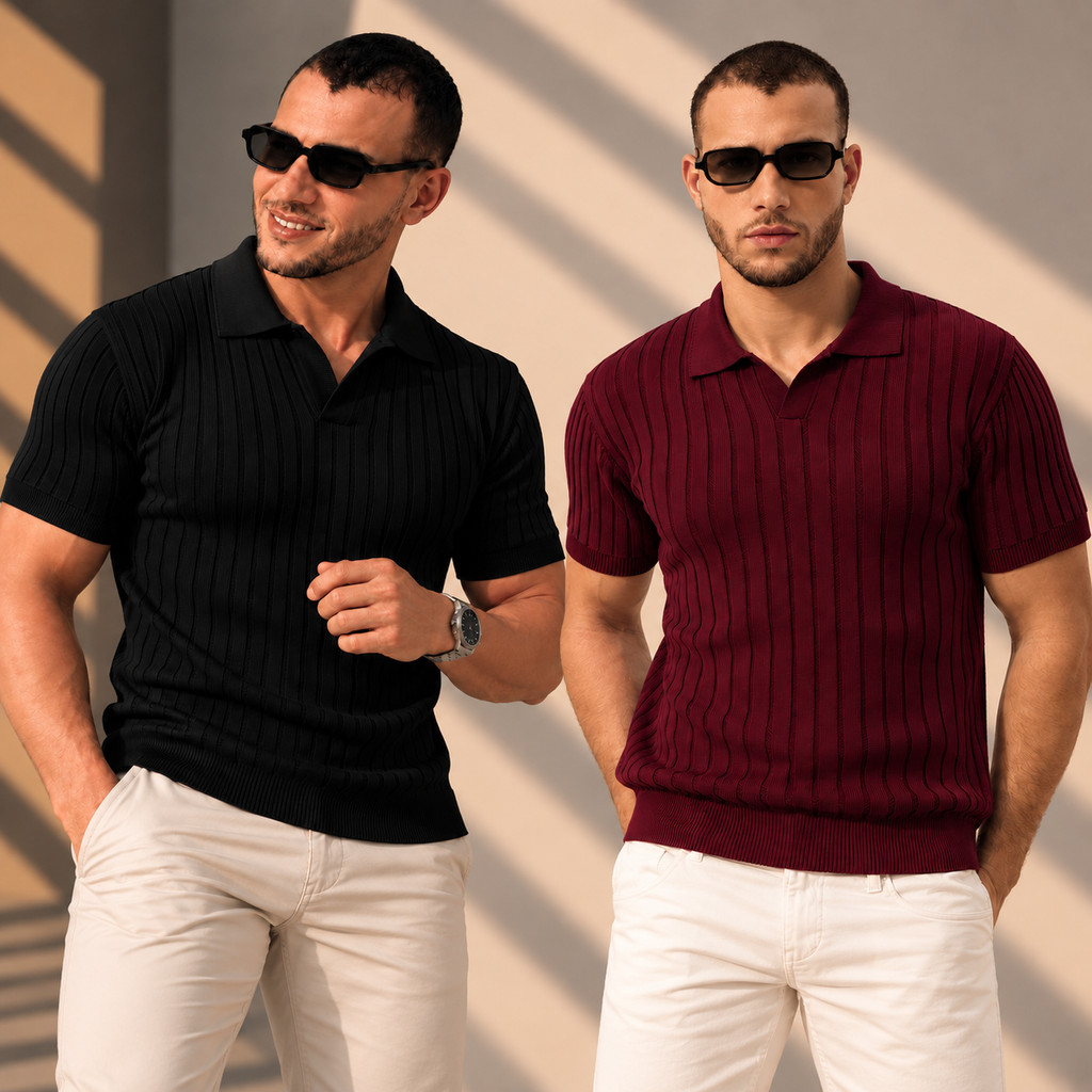 Kit 2 Camisa Polo Tricô Canelada Masculina Manga Curta Modal Leve Gola V sem Botão Slim Premium Casual Elegante Old