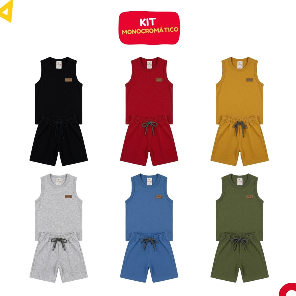 Kit Monocromático 4 Peças Roupa Infantil Menino Conjunto Liso Verão - 2 Regatas Lisas + 2 Bermudas Lisas