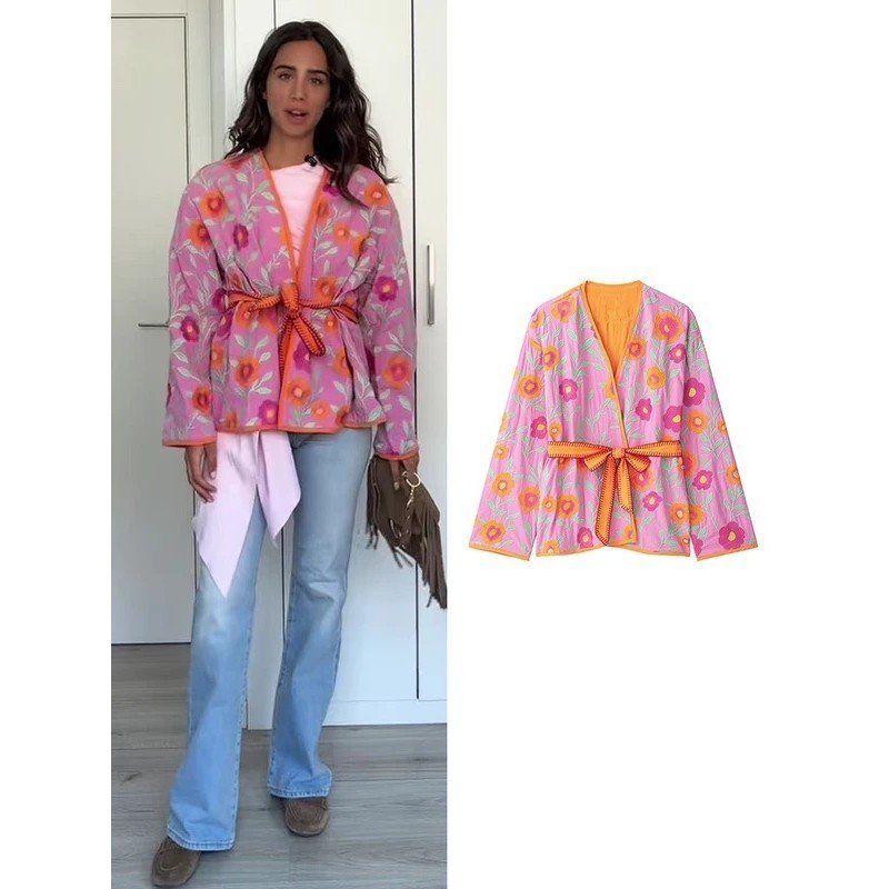 TFMLN Novos Casacos Femininos com Flores Bordadas, Decote em V, Manga Longa com Cinto, Jaquetas de Outono, Nova Moda Cas