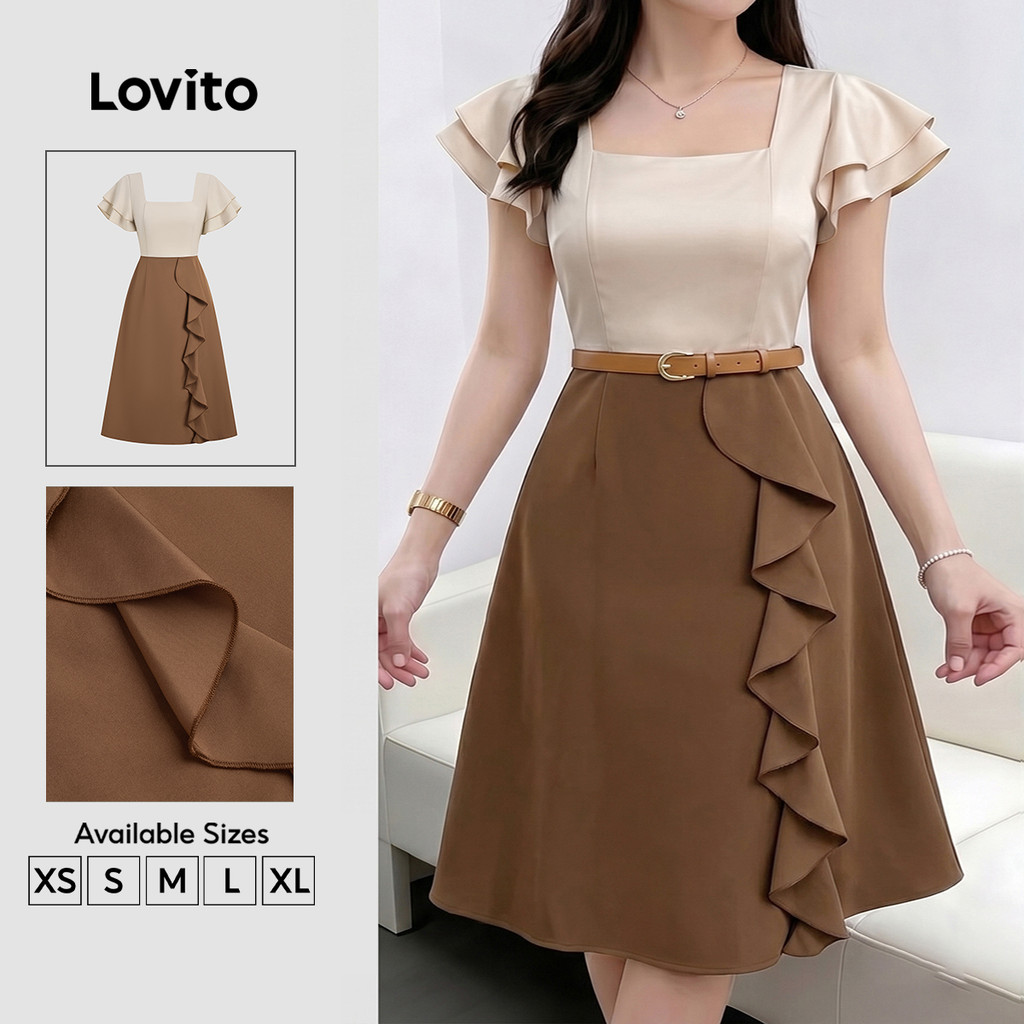 Lovito Vestido Elegante Com Babados E Zíper Falso 2 Em 1 Para Primavera/verão Feminino (sem Cinto) LK6ED162