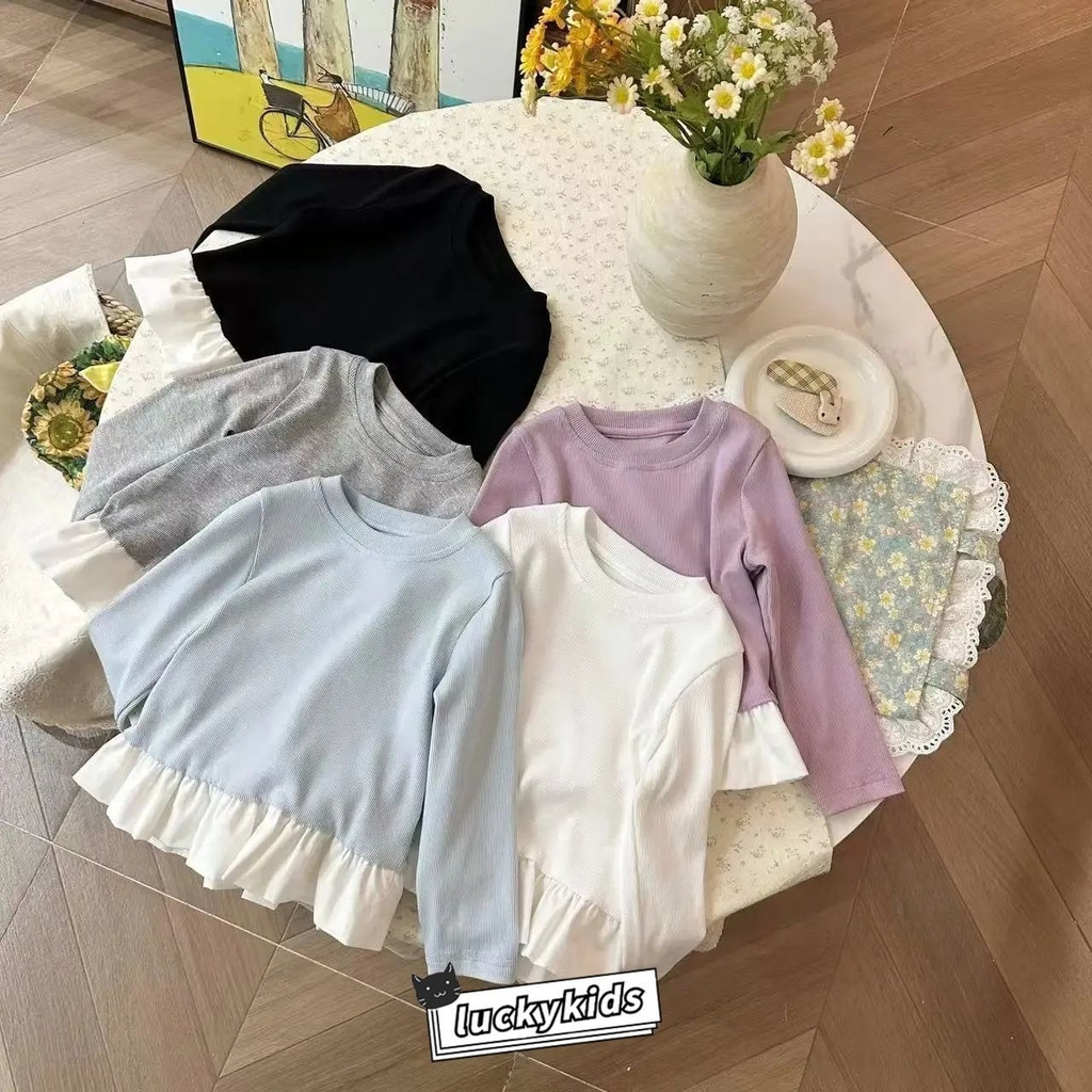 Doce Crianças Meninas Cor Sólida Rendas Retalhos Algodão Camiseta Outono Primavera Bebê Macio Manga Longa Camisa De Fund