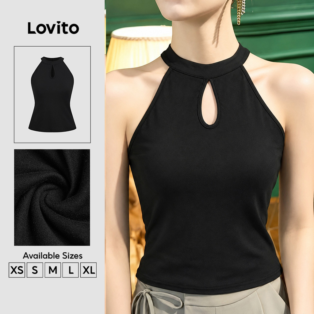 Lovito Top Casual Preto Versátil para Mulheres Estilo Simples primavera/verão TKK8P2D1118