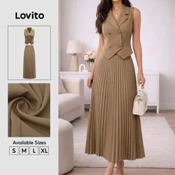 Lovito Elegante Saias Cáqui de Pregas Botão Frontal Plissada para Primavera/Verão para Mulheres KSK8BR169