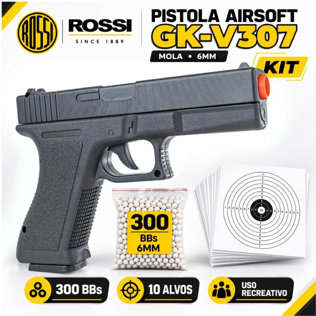 Pistola Airsoft Vigor GK V307 Spring 6mm Recreativa + 300 BBs + 10 Alvos