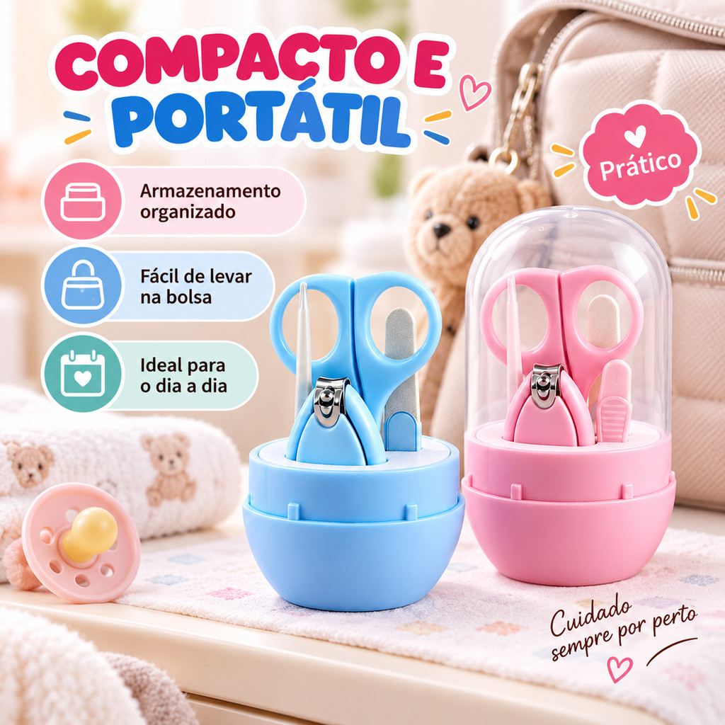 Kit Higiene e Cuidados para Bebê Com 4 Peças Pinça Nasal, Lixa, Tesoura, Cortador de Unha