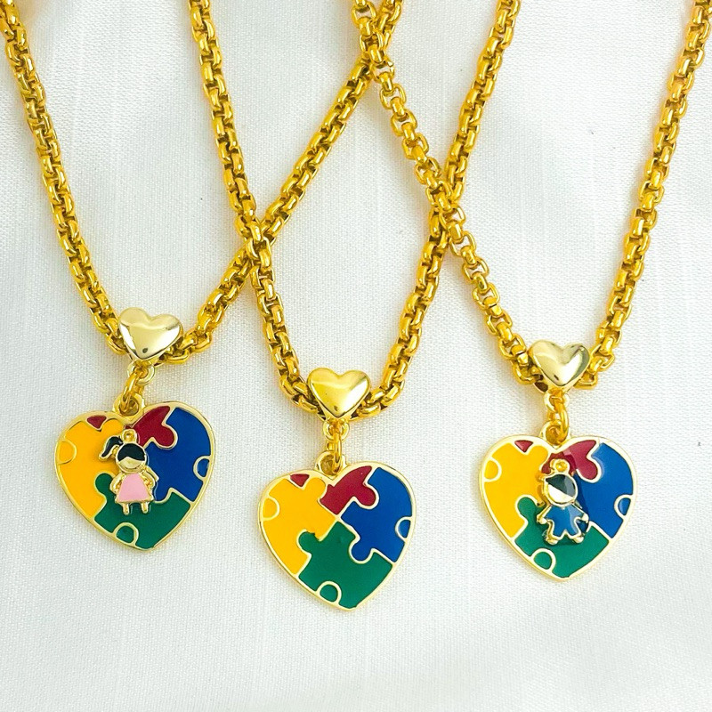 Colar Autista Amor Autista pingente quebra cabeça menino ou menina Folheado