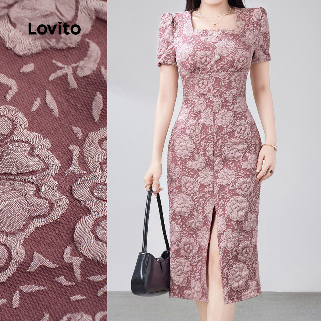 (Elegante)Lovito Vestido Midi Elegante Rosa Com Estampa Floral Mangas Curtas Bufantes Decote Quadrado Estrutura Em Jacquard E Fenda Frontal Para O Dia a Dia Na Primavera/verão Para Mulheres LR21E006