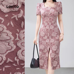 (Elegante)Lovito Vestido Midi Elegante Rosa Com Estampa Floral Mangas Curtas Bufantes Decote Quadrado Estrutura Em Jacquard E Fenda Frontal Para O Dia a Dia Na Primavera/verão Para Mulheres LR21E006