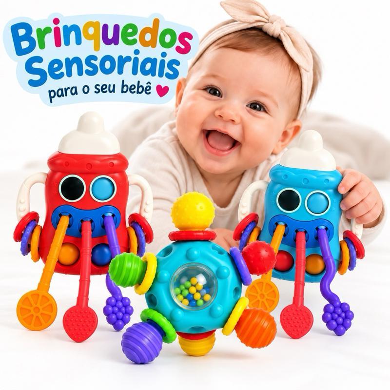 Kit 2 Brinquedos Sensoriais para Bebê Chocalho Mordedor Mamadeira + Gira Gira Educativo Montessori