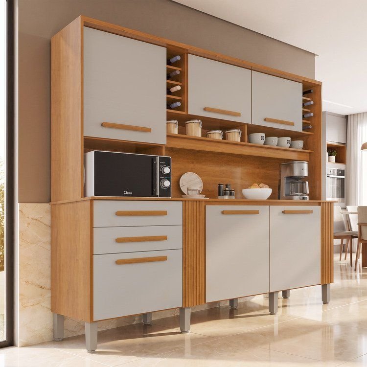 Armário de Cozinha 6 Portas 2 Gavetas Catar Bege/Cinamomo/Off-White Cinamomo/Off White