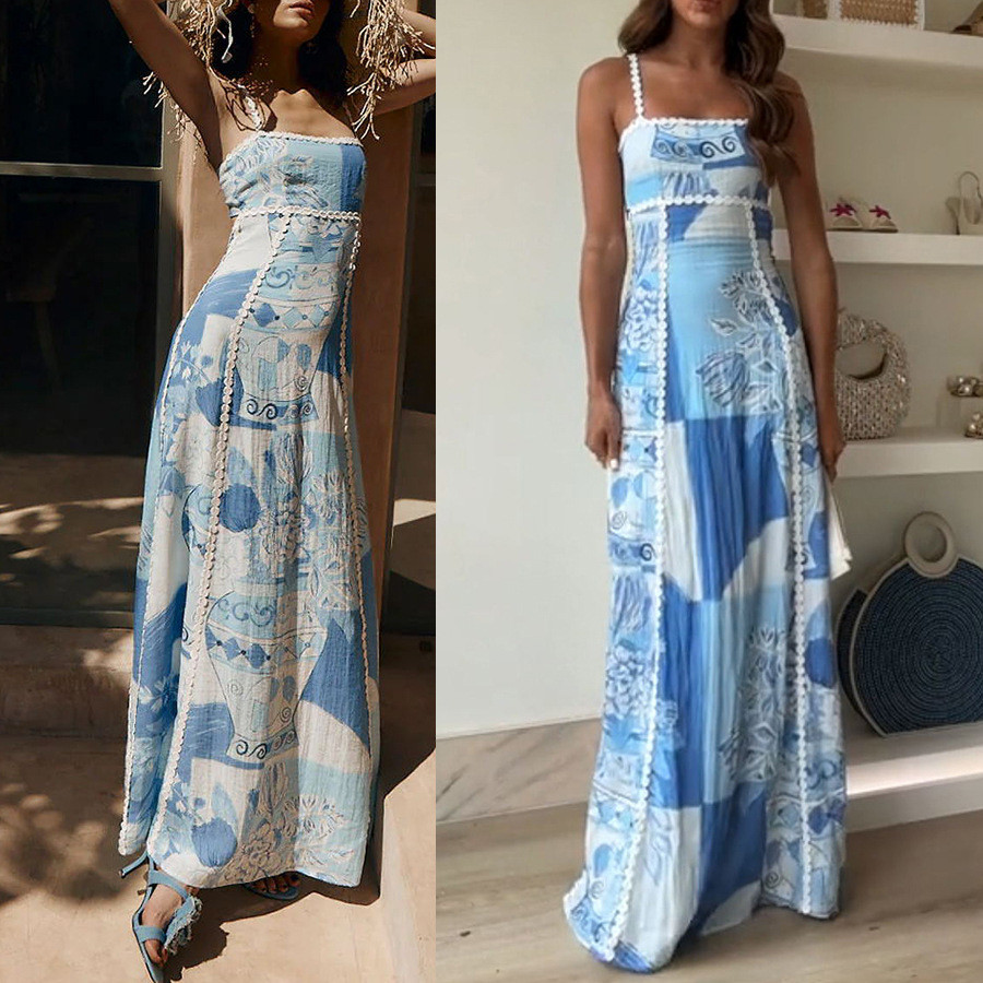 Novo vestido feminino estampado estilingue Casual férias saia longa solta
