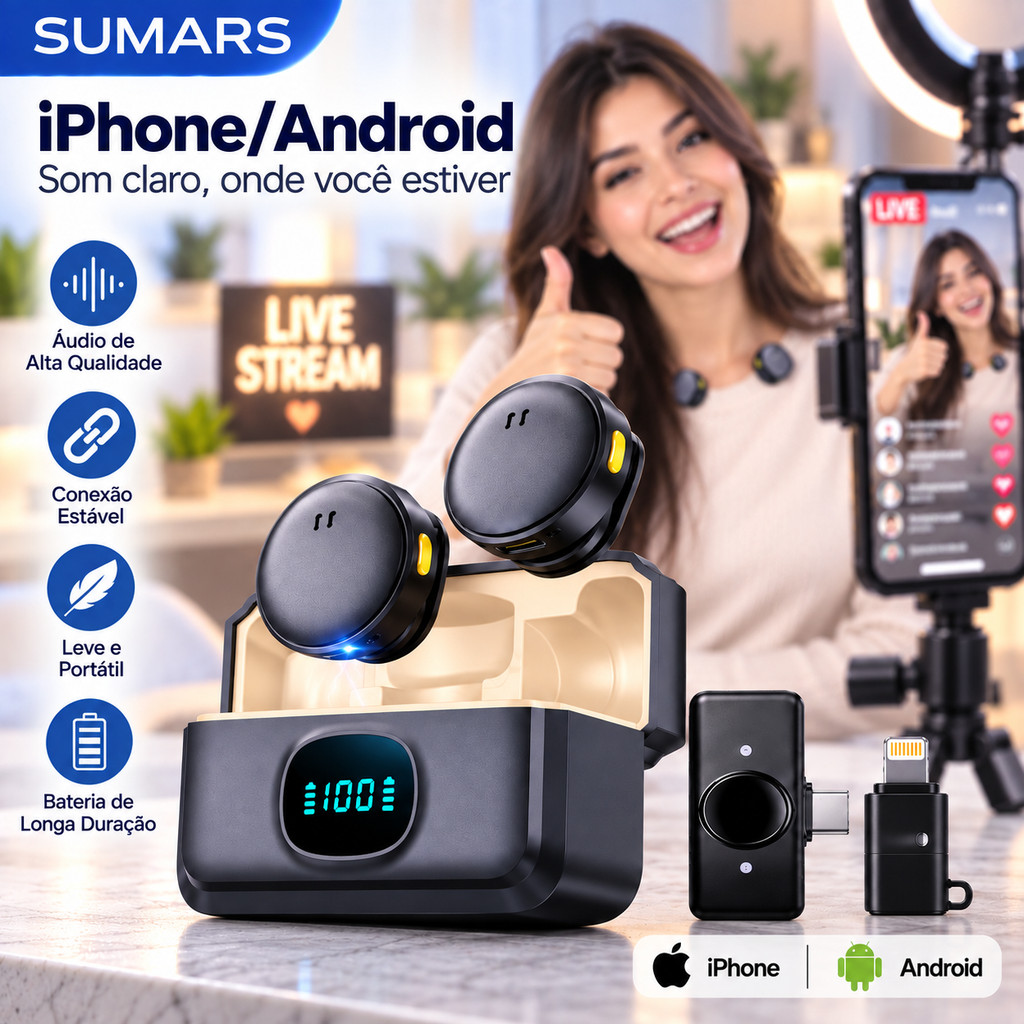 Microfone de Lapela Sem Fio Profissional Magnético com Cancelamento de Ruído para iPhone Android Type-C
