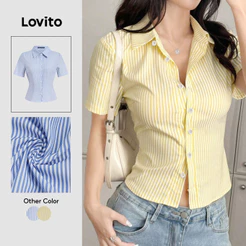 Lovito Elegante Blusa Com Botões E Bojo Cor Amarelo Claro Ideal Para Primavera/verão L143AD628