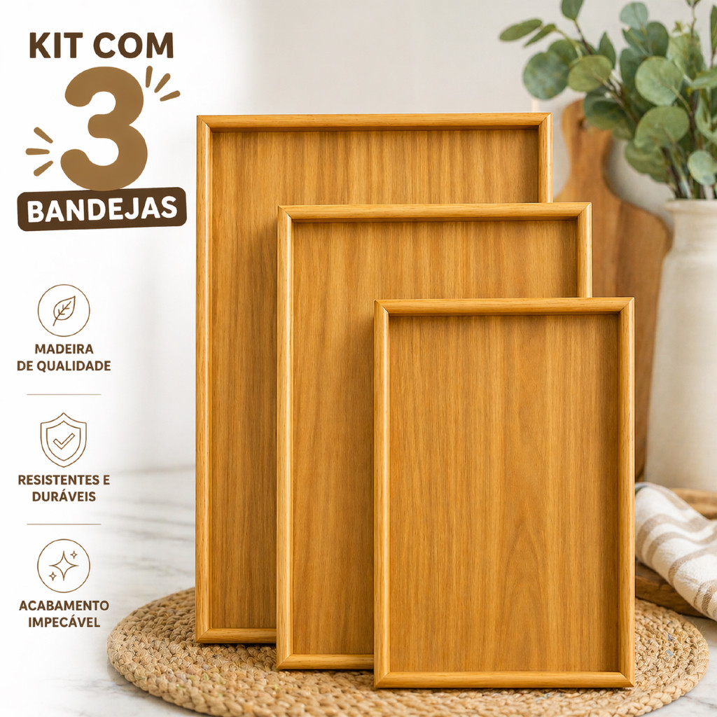 Kit 3 Bandejas De Bambu Retangular Cozinha Servir Café da Manhã Decorar Conjunto Moderna e Elegante
