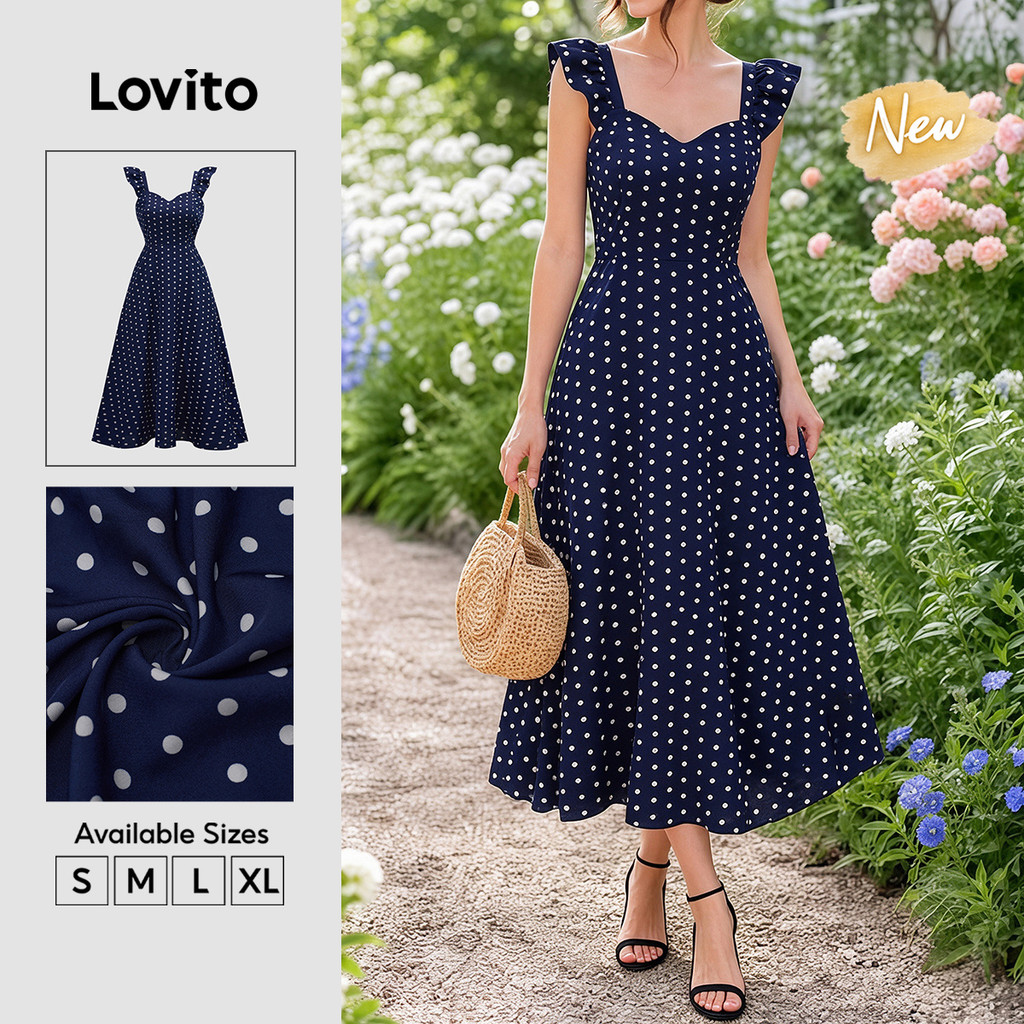 (New Arrival) Lovito Vestido Boho Feminino Longo evasê poás Babados E zíper Casual primavera/verão Fim De Semana E férias DRB39BR150