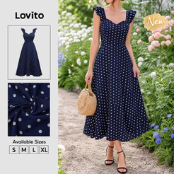 (New Arrival) Lovito Vestido Boho Feminino Longo evasê poás Babados E zíper Casual primavera/verão Fim De Semana E férias DRB39BR150