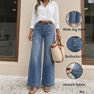 Estilo de alta elasticidade Jeans feminino solto de aba larga calças de perna larga diário Commuter Must-Have