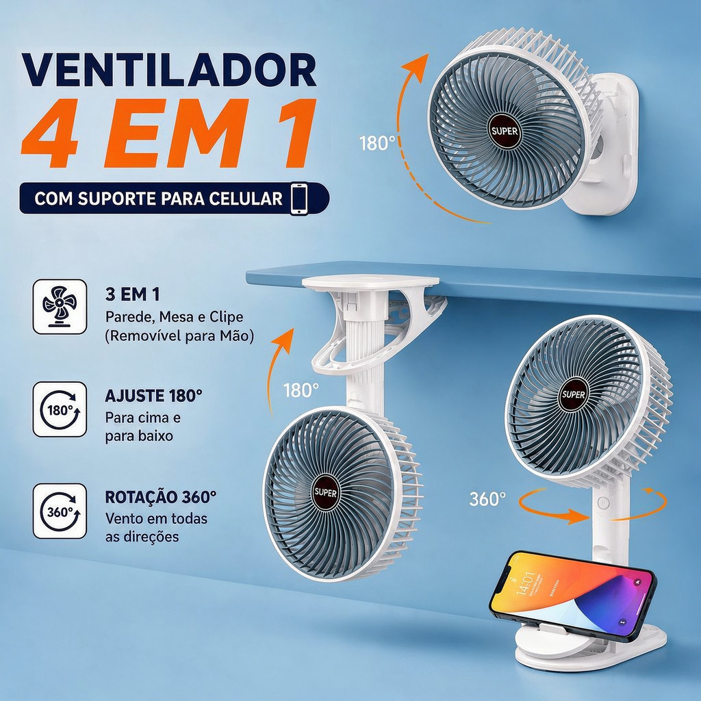Ventilador Mesa Portátil USB Recarregável Silencioso Clipe Suporte Integrado Vento Potente Multifunção 3 Potências Pás